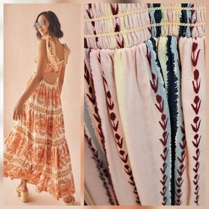 Omika Lana Maxi Dress Smocked Elastic Bodice, Pink Organic Stripe, Tiered XS
